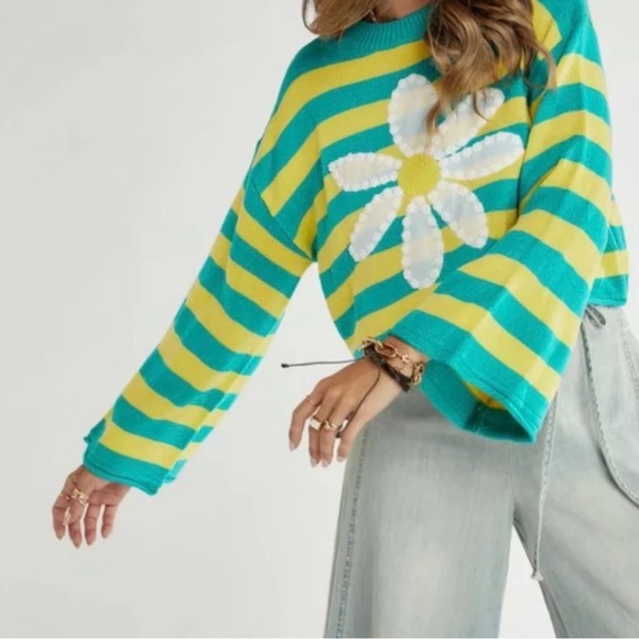 Striped Green and Yellow Sweater with Daisy - Picture 2 of 7